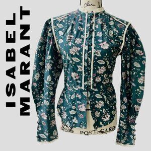 ISABEL MARANT POPLIN BLOUSE GREEN FLORAL Sz 34 PUFFED LUXURY FAIRYTALE CORE